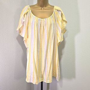 Linen Blend Yellow Metallic Stripe Top Womens 22 24 Peasant Butterfly Boho Fairy